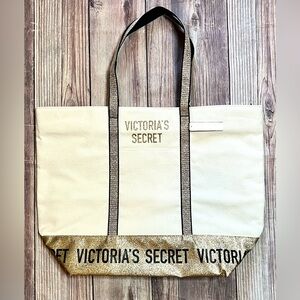 Victoria’s Secret Glitter Canvas Tote Bag Gold Trim Large Travel Shopper NWT